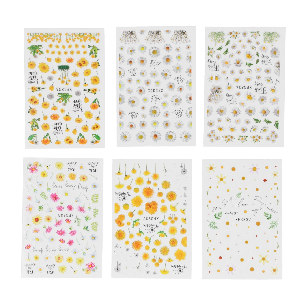 6 Sheet Sunflower Daisy Pattern Nail Art Decals Nail Adhesive Sticker Decoration Set