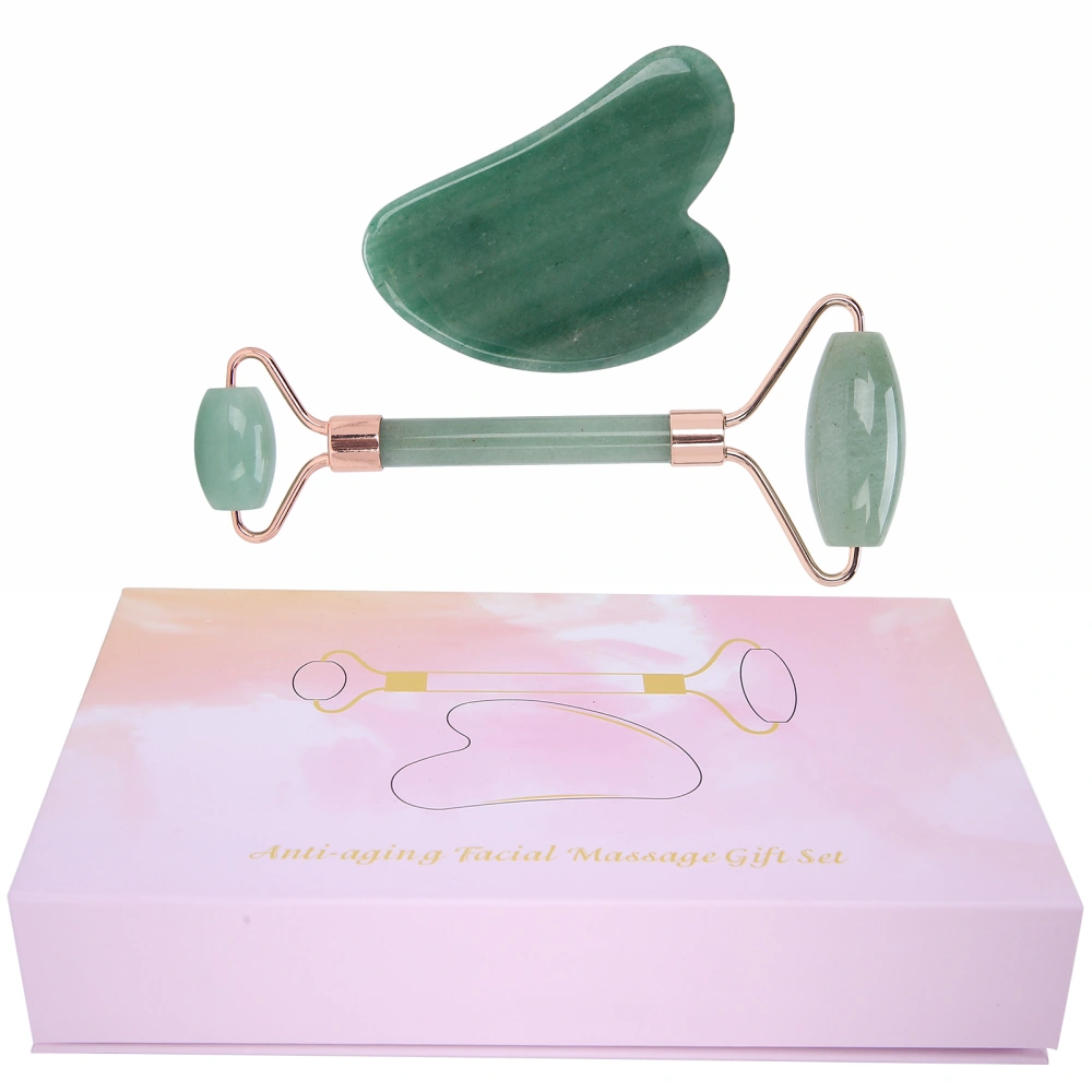 Portable Roller Massager with Heart Shaped Scraping Board Body Massage Tool for Face Arms Back(Green Aventurine Roller )