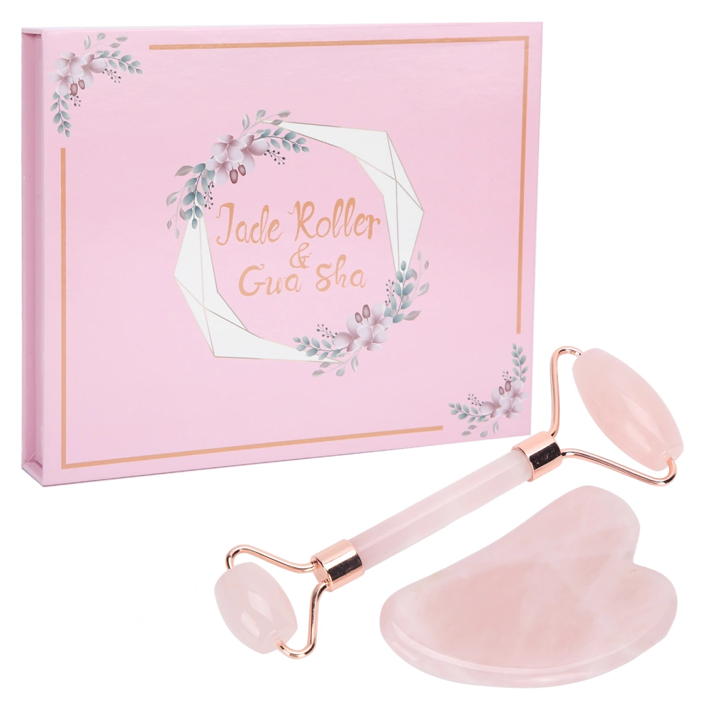 Rose Quartz Face Roller Massager Facial Lifting Tightening Roller Gua Sha Board SetRose Gold