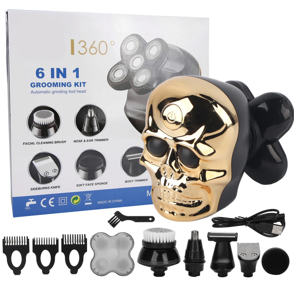 Skull Pattern 6‑In‑1 Multi‑Functional USB Rechargeable Shaver Hair Clipper Beard Trimmer KitGold