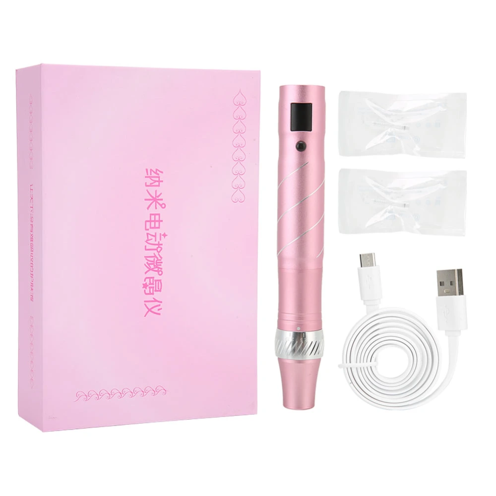 Electric Micro Needle Pen USB Rechargeable 5 Gears LED Face Wrinkle Removal Machine (Rose Gold)