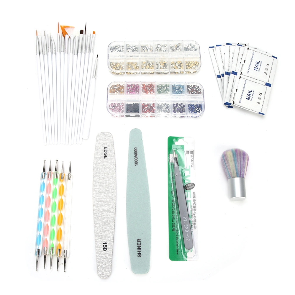 Nail Dotting Pen Rhinestones Decoration Nail Art Brush File Tweezers Manicure Tool Set