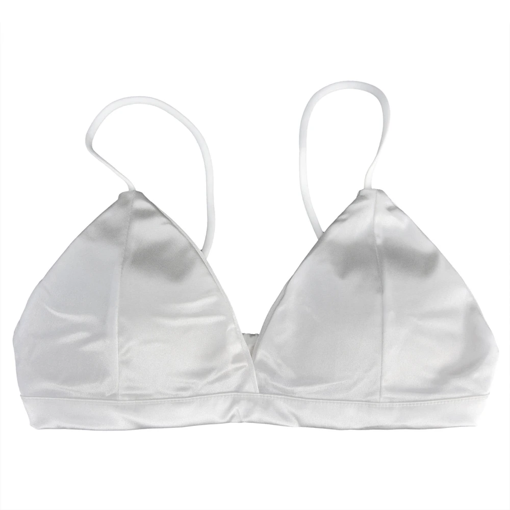 Women's Satin Triangle Bralette Breathable Wireless Sleeping Bra Deep V Neck BraletteWhite