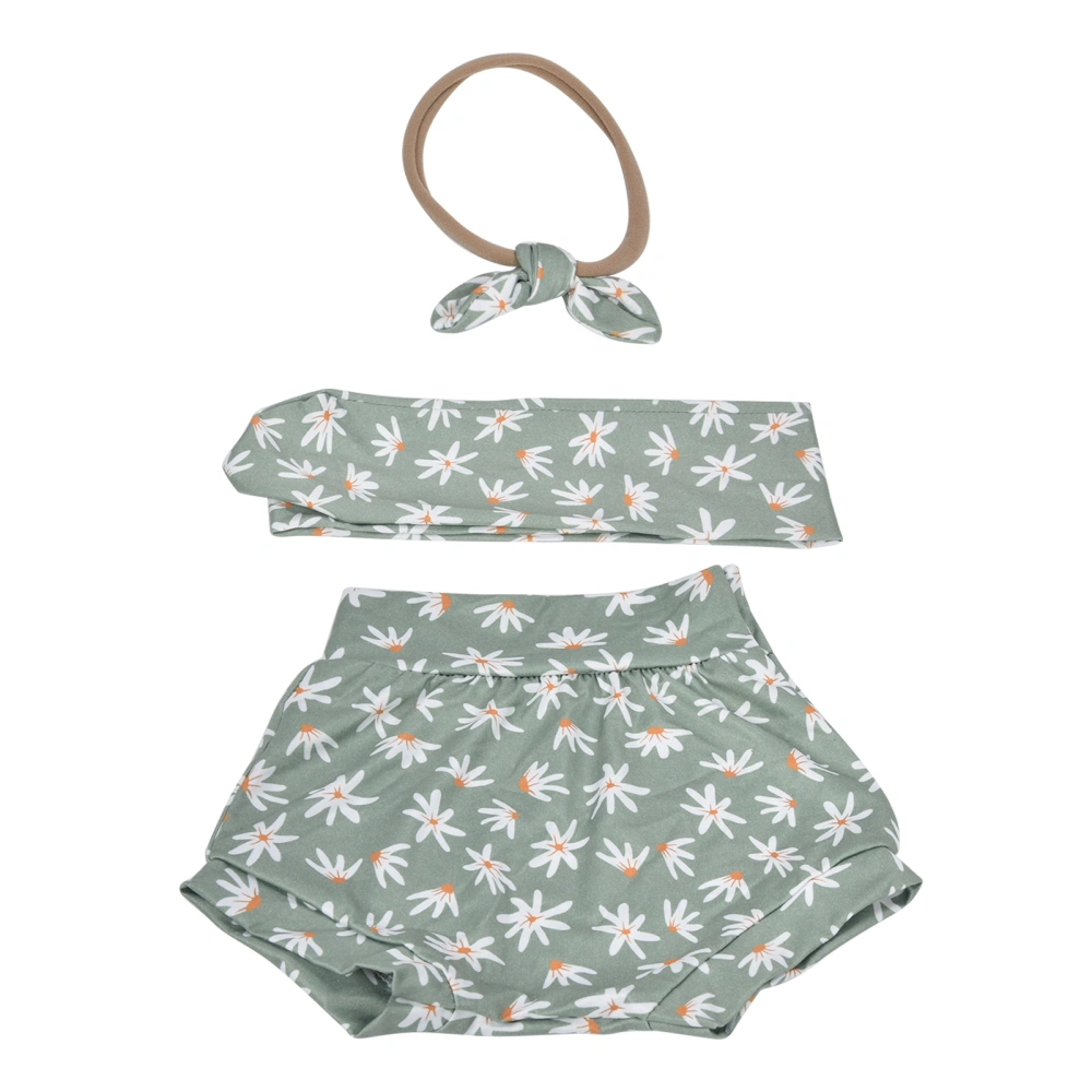 Flower Pattern Baby Shorts Headband Set Elegant Portable Infant Shorts Hair AccessoriesGreen Bottom Flower Pattern 90cm / 35.4in