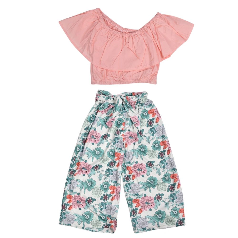 2Pcs Girls Summer Outfits Fashionable OffShoulder Top Belted Floral Pants Baby Clothes Set(Pink 110cm)