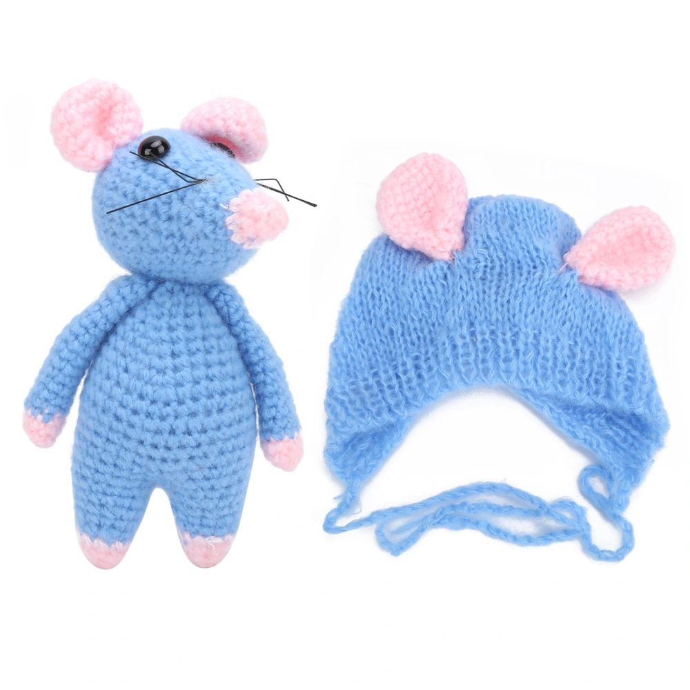 Infant Costume Knitted Sets Baby Photo Shoot Outfits Newborn Baby Mouse Hat with Mouse DollBlue