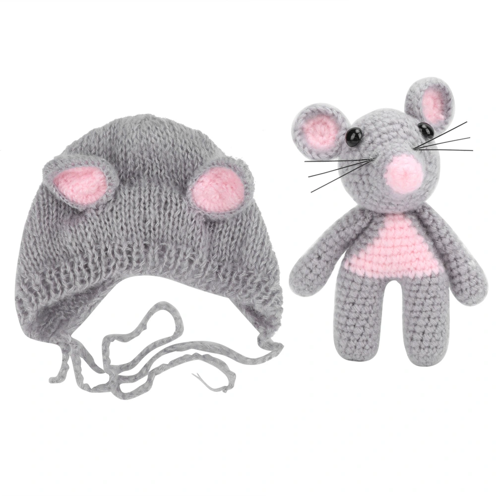 Infant Costume Knitted Sets Baby Photo Shoot Outfits Newborn Baby Mouse Hat with Mouse DollLight Grey