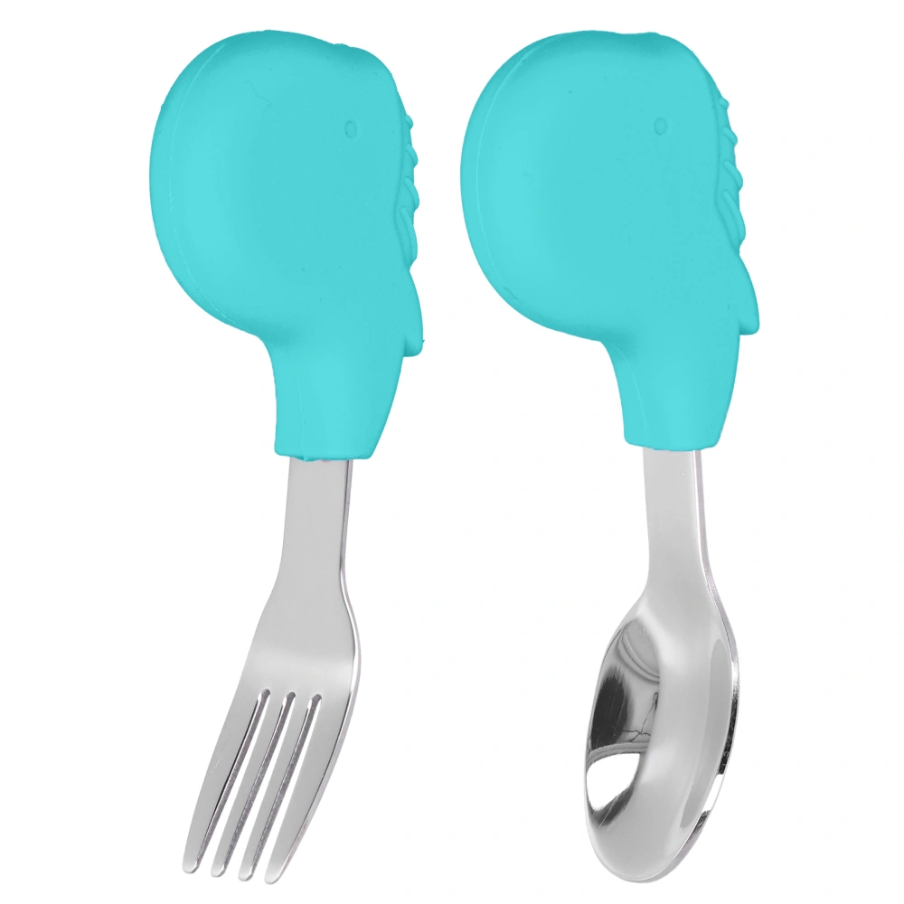 2PCS Toddler Utensils Spoon and Fork Set Stainless Steel Self Feeding Training Baby SetGreen Whale Shape