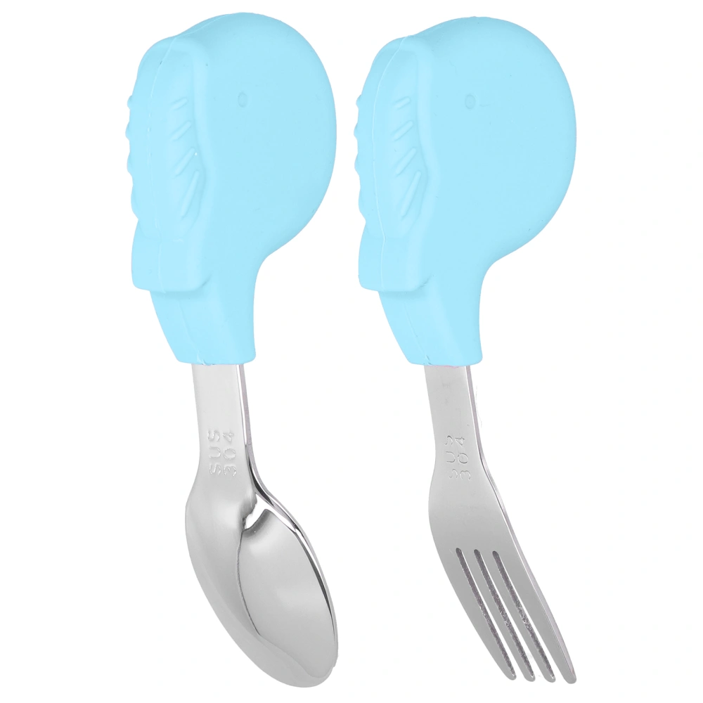 2PCS Toddler Utensils Spoon and Fork Set Stainless Steel Self Feeding Training Baby SetBlue Whale Shape