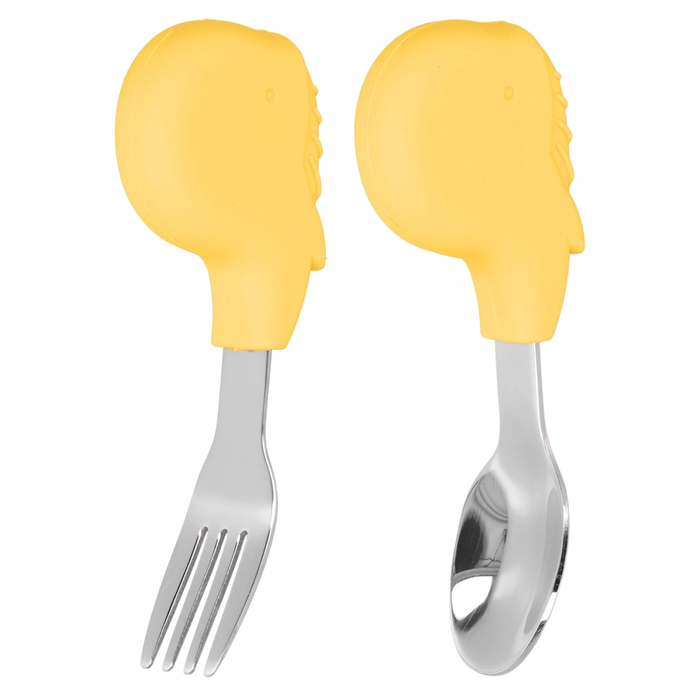 2PCS Toddler Utensils Spoon and Fork Set Stainless Steel Self Feeding Training Baby SetYellow Whale Shape