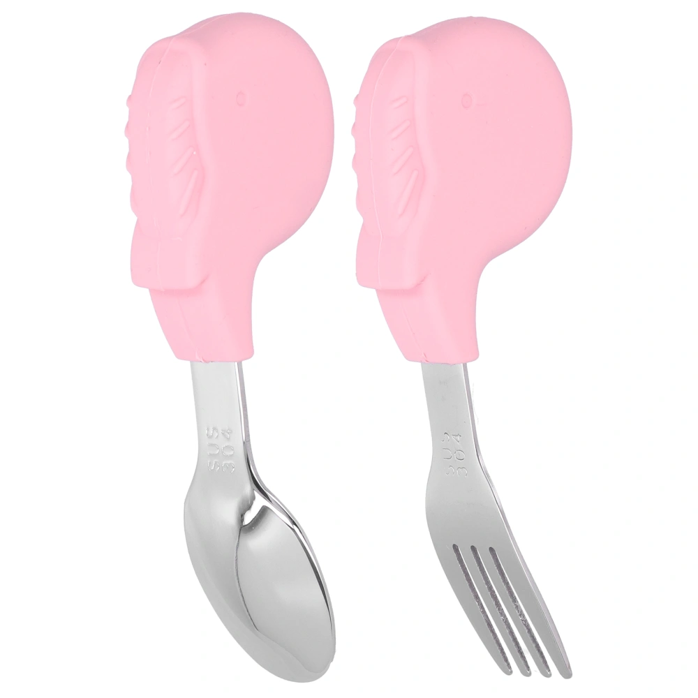 2PCS Toddler Utensils Spoon and Fork Set Stainless Steel Self Feeding Training Baby SetPink Whale Shape