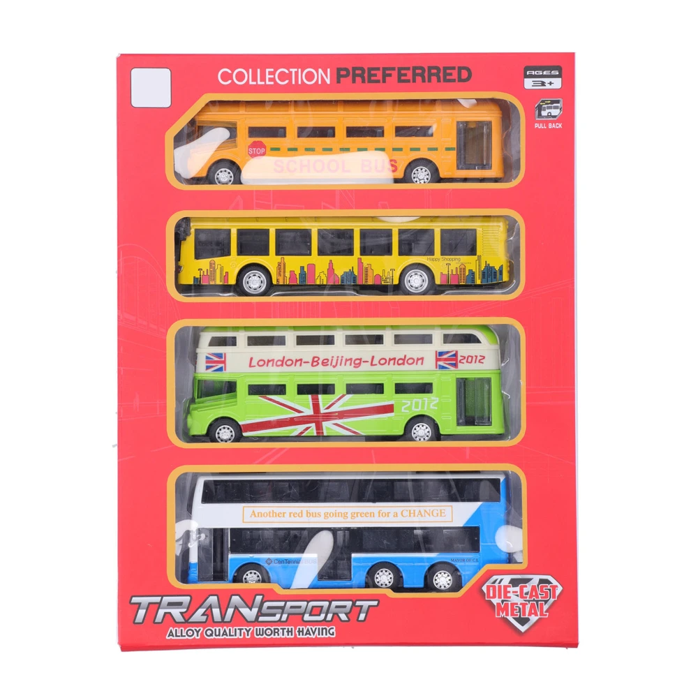 4Pcs Alloy Bus Toys Set Early Educational Pull Back Vehicle Model for Children Kids ToysD