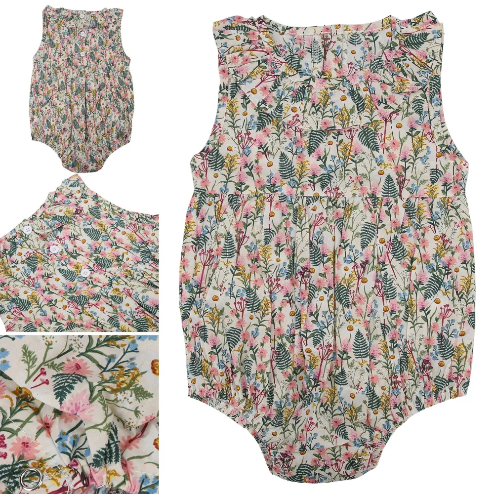 Newborn Baby Floral Jumpsuit Summer Sleeveless Lapel Bodysuit for Infant Baby ClothingApricot 90cm