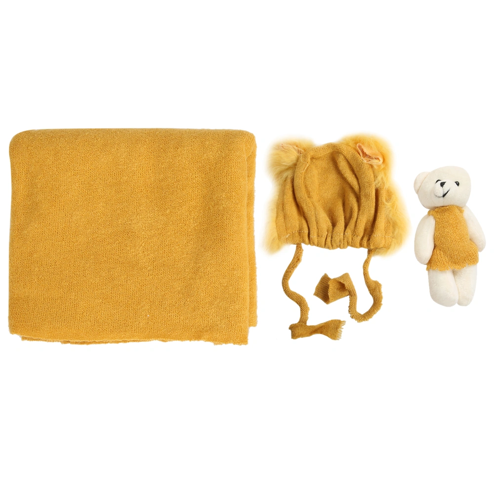 3Pcs Baby Photography Props Hat Blanket Wrap Toy Set Costume Clothes for Newborn InfantYellow