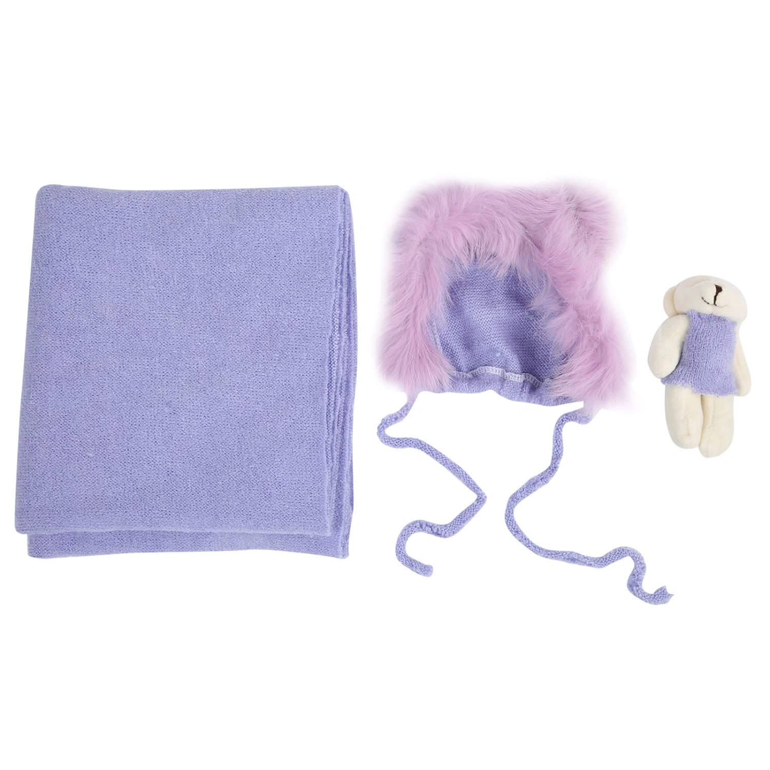 3Pcs Baby Photography Props Hat Blanket Wrap Toy Set Costume Clothes for Newborn InfantPurple