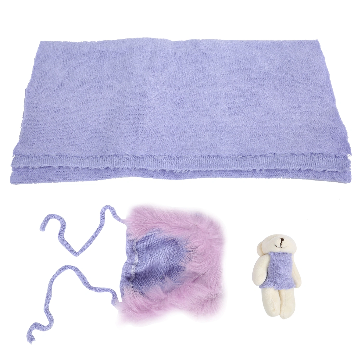 3Pcs Baby Photography Props Hat Blanket Wrap Toy Set Costume Clothes for Newborn InfantPurple