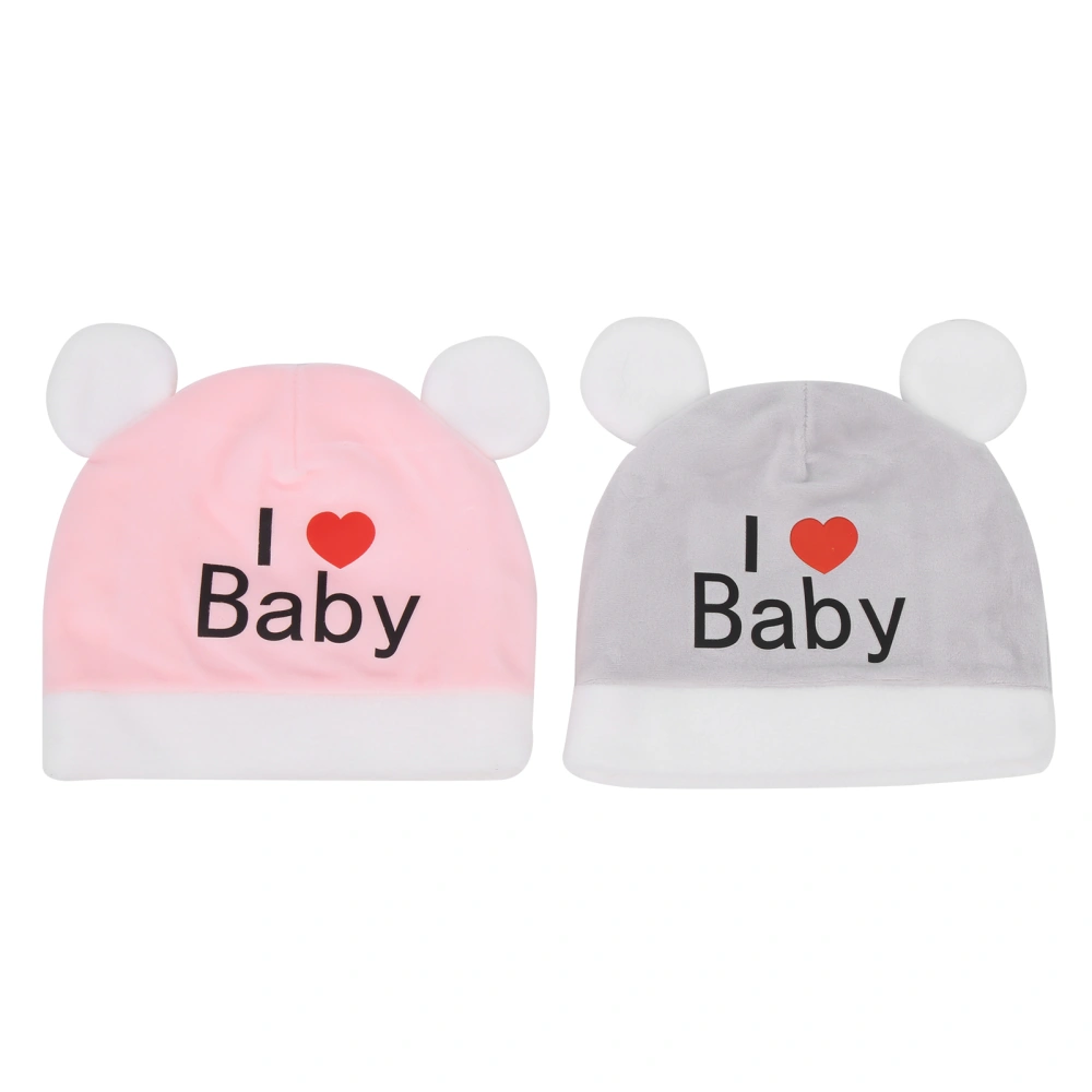 2pcs Baby Hats Unisex Hearted Winter Plush Warm Newborn Hats Caps Beanie for ToddlerGray+Pink