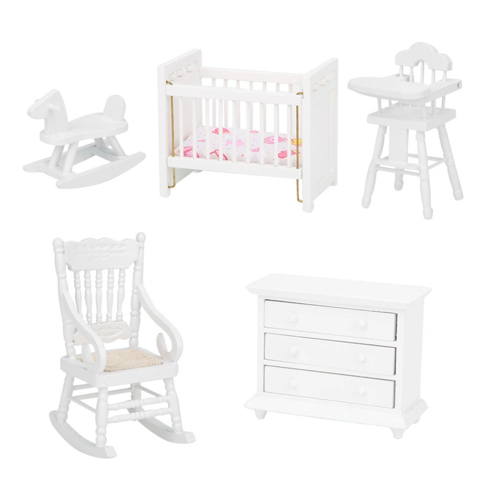 1:12 Dollhouse Miniature Wooden Children Bed Seat Cabinet Mini Furniture Model Toy White5pcs / Set