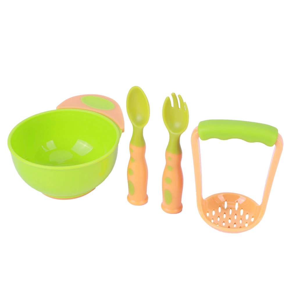 4pcs Baby Food Masher Mash Serve Freshfood Bowl Infant Feeding Suction Bowl Spoons SetOrange and Green