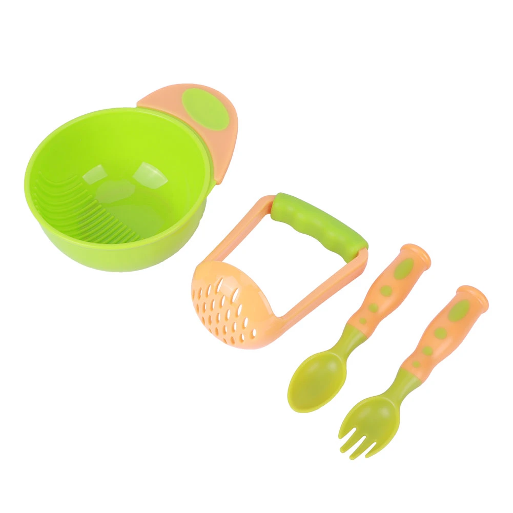 4pcs Baby Food Masher Mash Serve Freshfood Bowl Infant Feeding Suction Bowl Spoons SetOrange and Green