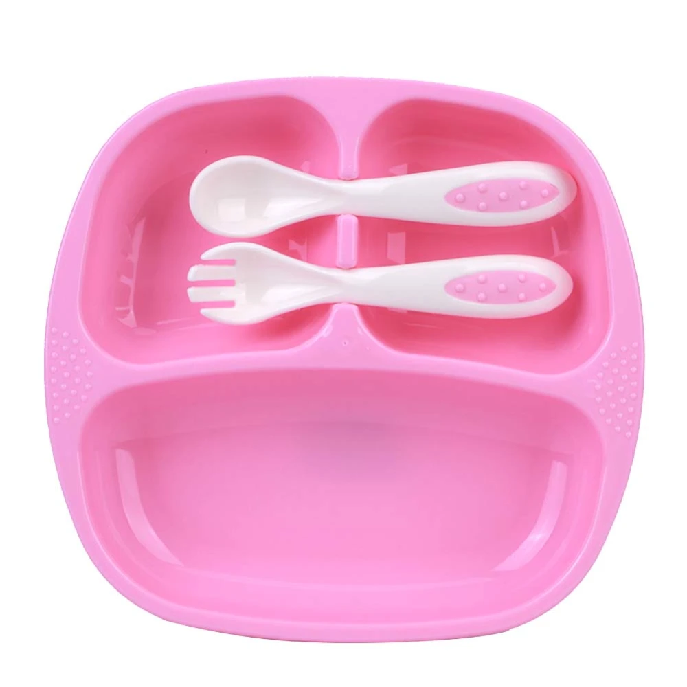 3Pcs Children Placemat Plate Portable Baby NonSlip Meal Plate Set with Spoon Fork(Pink )