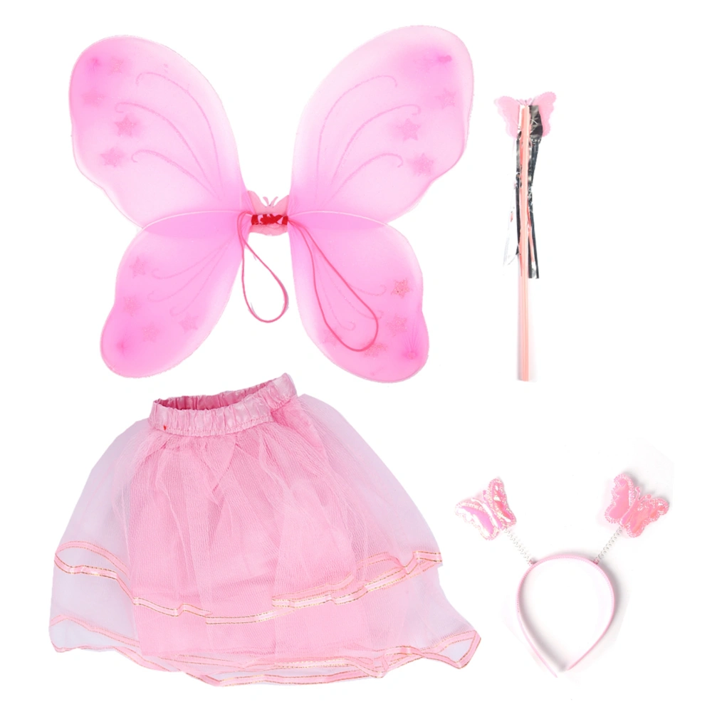 Fairy Butterfly Wing Wand Headband Skirt Children Costume Sets for Halloween PartyPink Single Layer Wing 4pcs / set