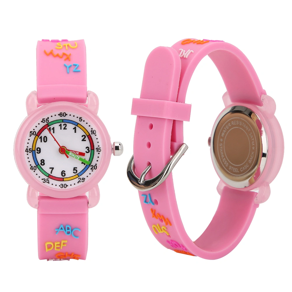 Kid Waterproof Cartoon Watch Letter Pattern Children Wrist Watch Time Recognition ToolPink