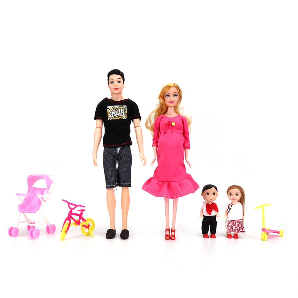 Family Dolls Set of Dad Pregnant Mom Girl Boy Children Role Play House Toy Gift(BlackRose Red )