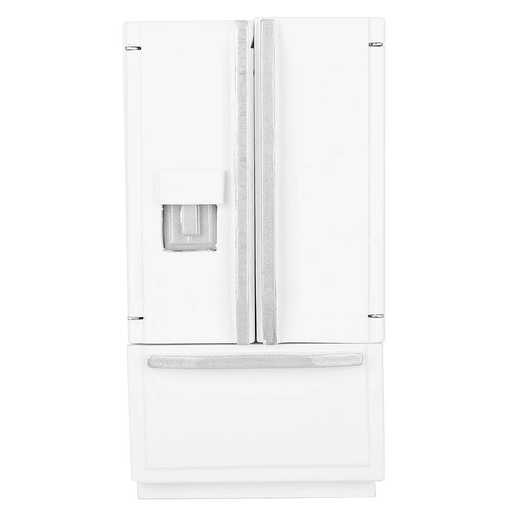 1: 12 Mini Birch Wooden Double Door Double Deck Simulation Refrigerator Model for DoorhouseWhite with Silver Trim