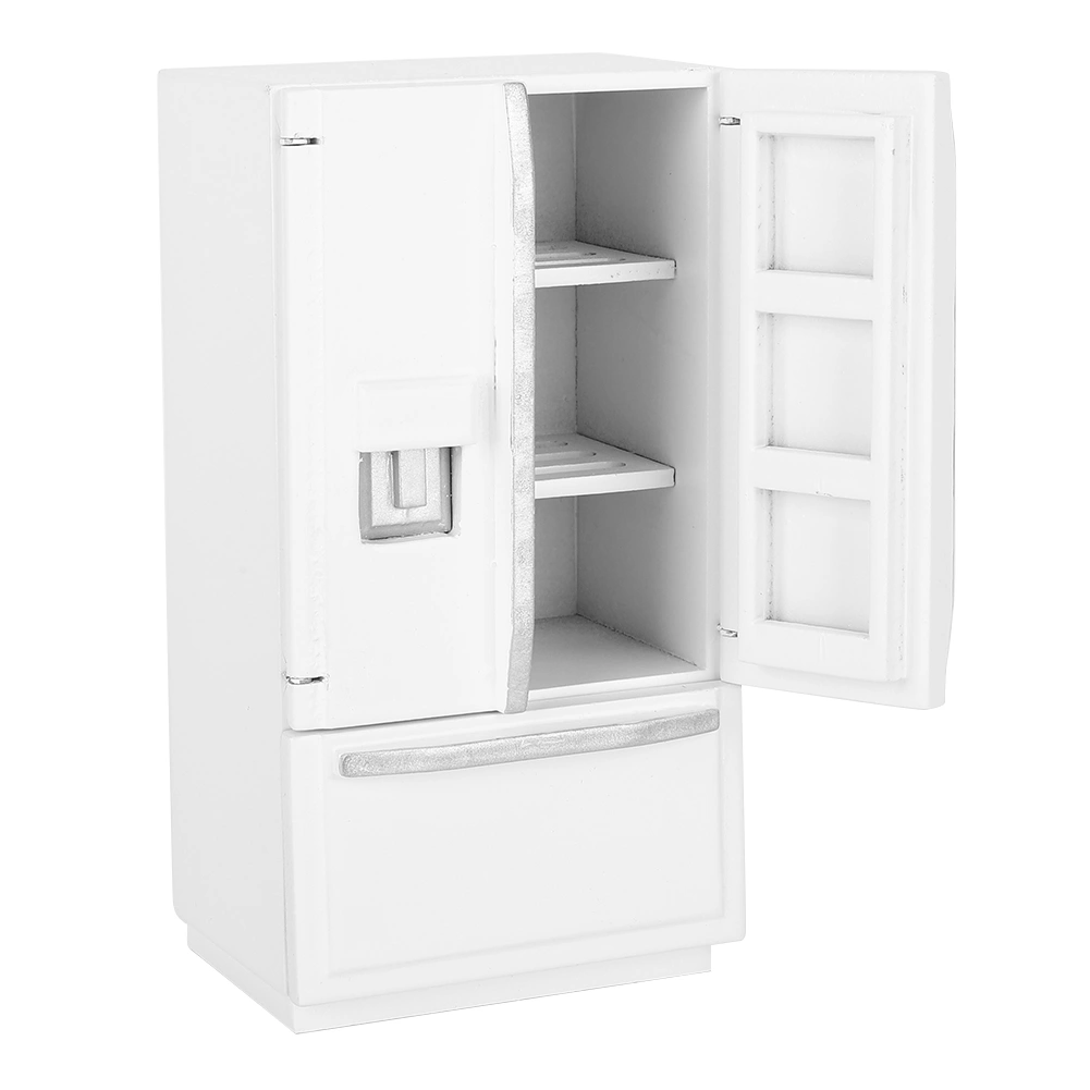 1: 12 Mini Birch Wooden Double Door Double Deck Simulation Refrigerator Model for DoorhouseWhite with Silver Trim