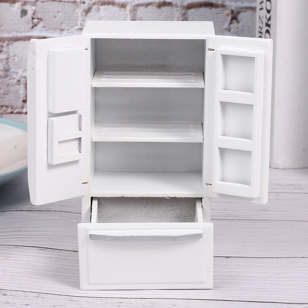 1: 12 Mini Birch Wooden Double Door Double Deck Simulation Refrigerator Model for DoorhouseWhite with Silver Trim