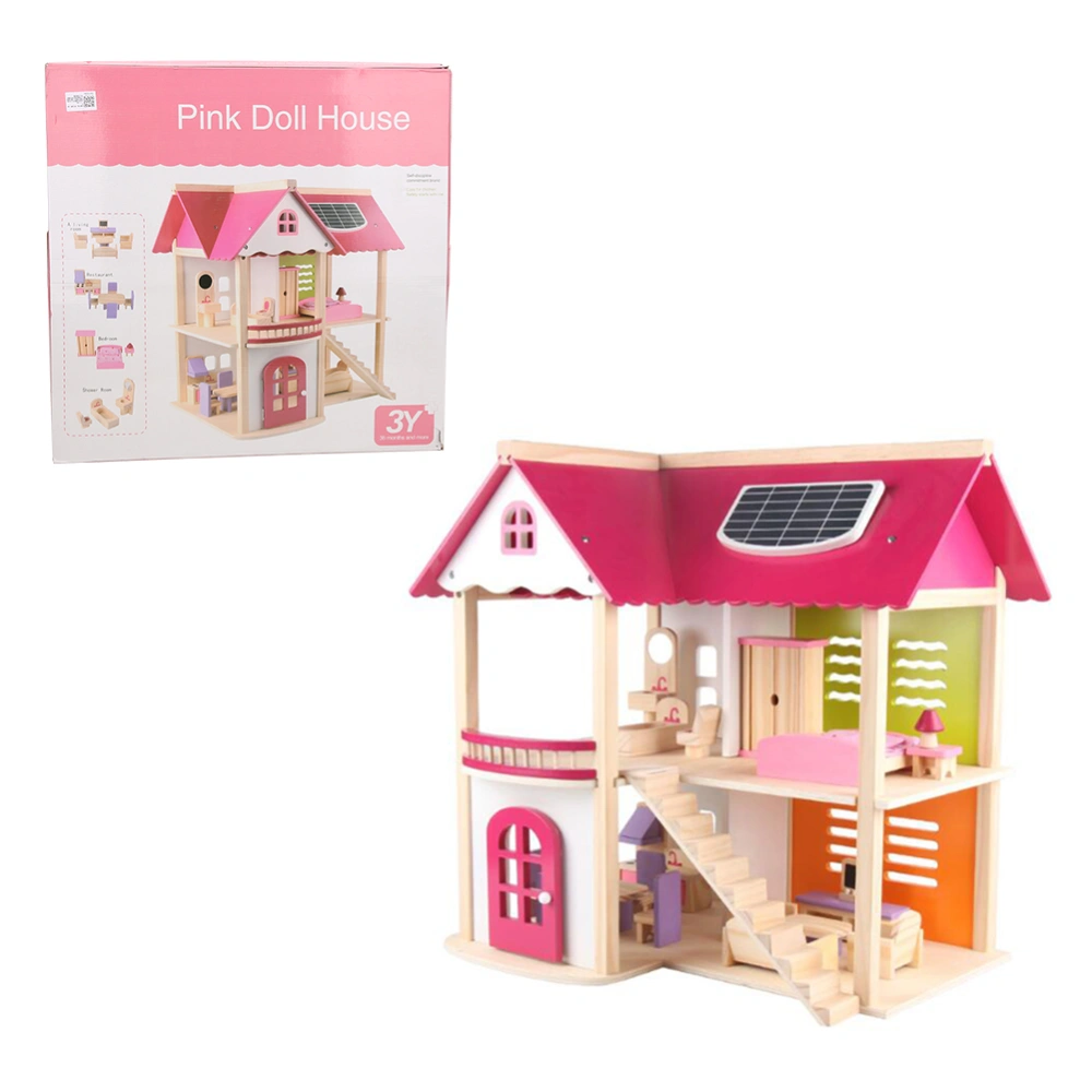 Pink Wooden Doll House Assembly Villa Furniture DIY Miniature Model Gift ToyPink Dollhouse Toy