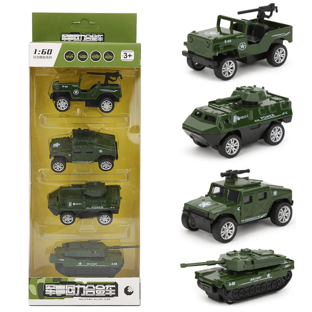 4pcs Box 1/60 High Simulation Pull Back Alloy Car Model Kid Toy Collection(Type A Military Car )