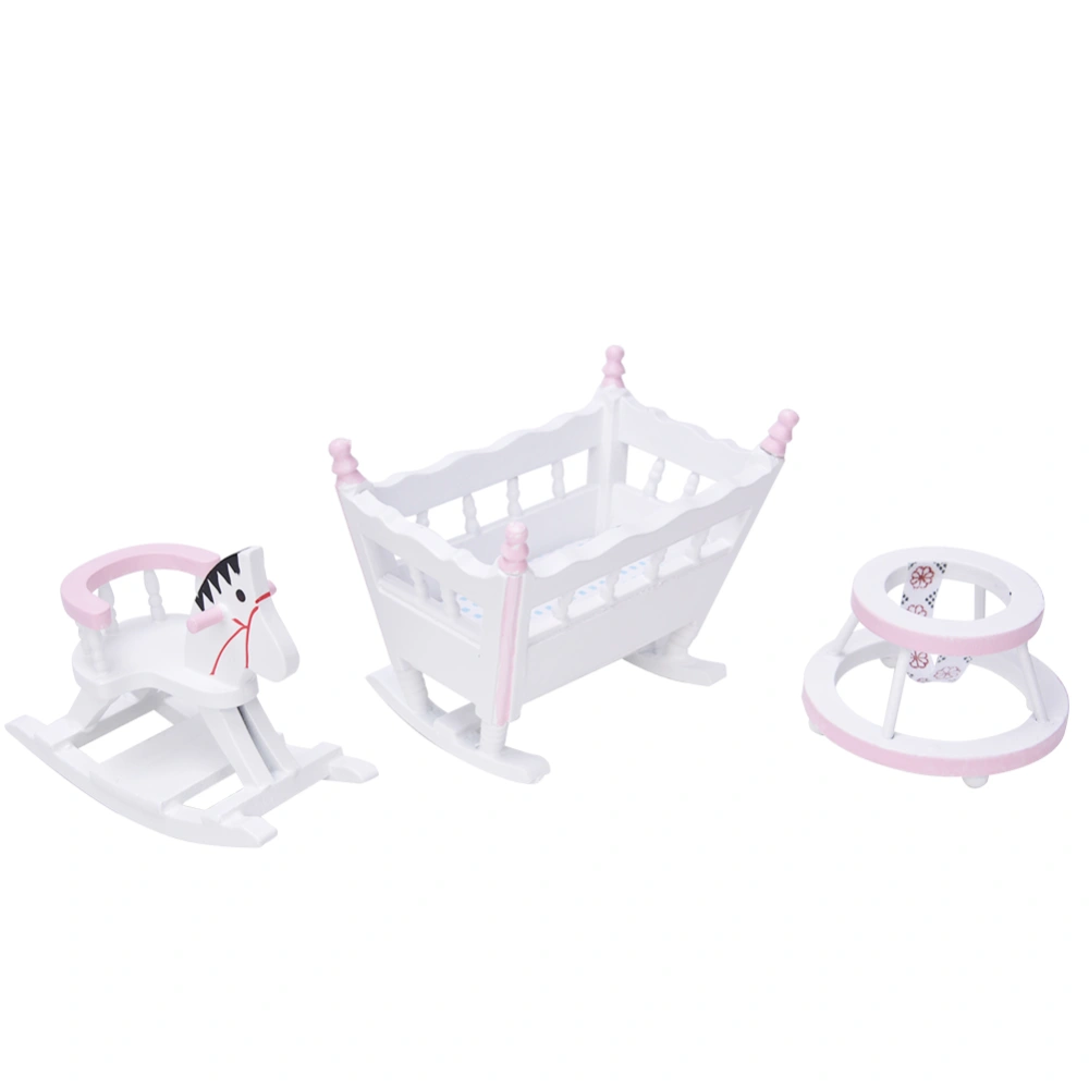 1:12 Doll House Accessories Mini Furniture Dollhouse Cradle Wooden Horse Stroller SetWhite