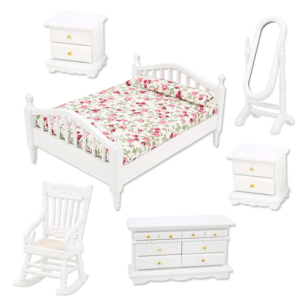 1:12 Mini Furniture Double Bed Long Mirror Bedside Table Chair Cabinet Doll House Accessories6pcs / Set