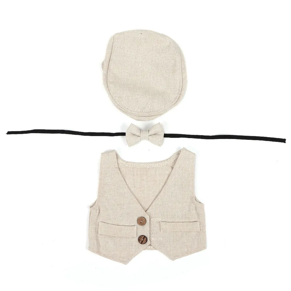 Three piece Waistcoat Children's Photography Cotton Wool Clothes set for 0-1 Month Baby (Beige)