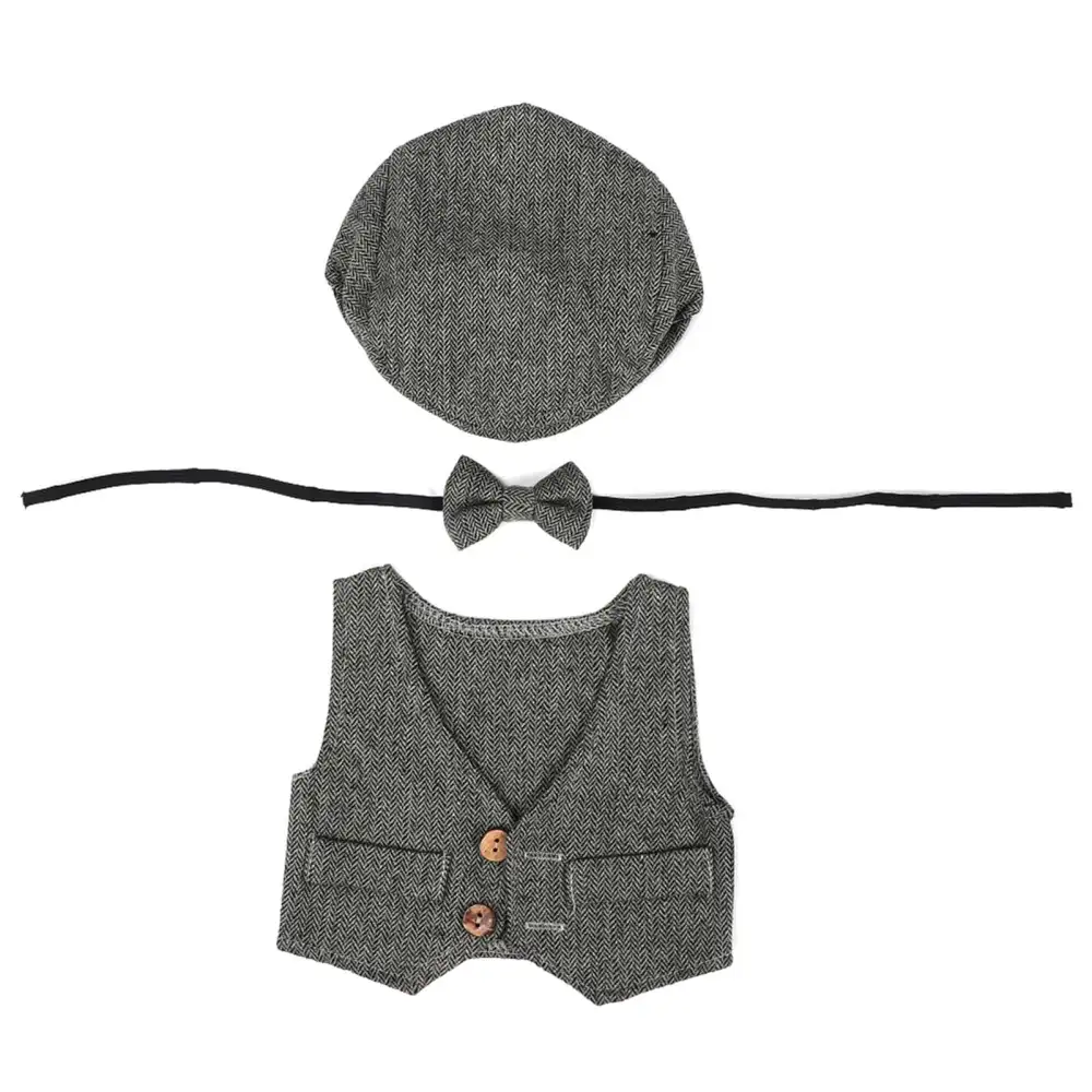 Three piece Waistcoat Children's Photography Clothes set for 0-1 Month Baby (Black and Gray)