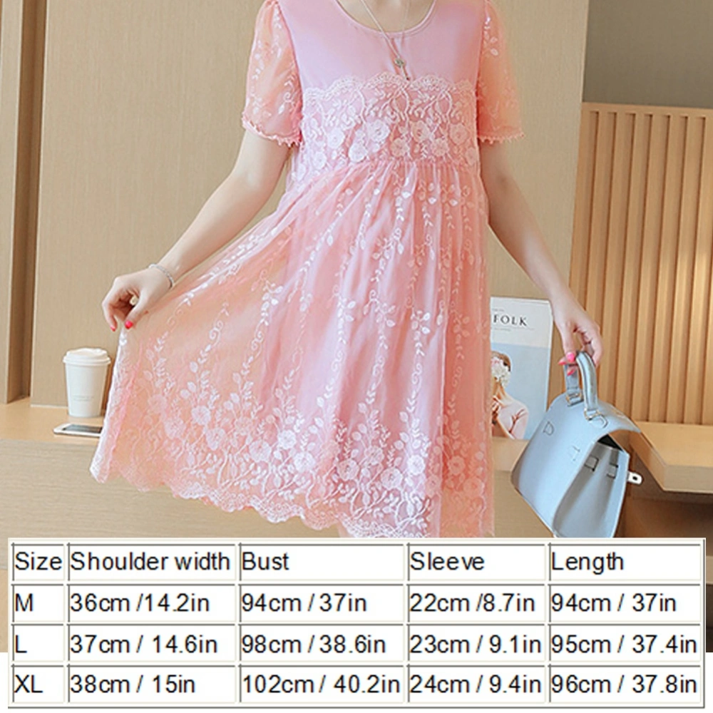 Short Sleeve Women's Round-Neck Maternity Pleated Dress(Pink XL)