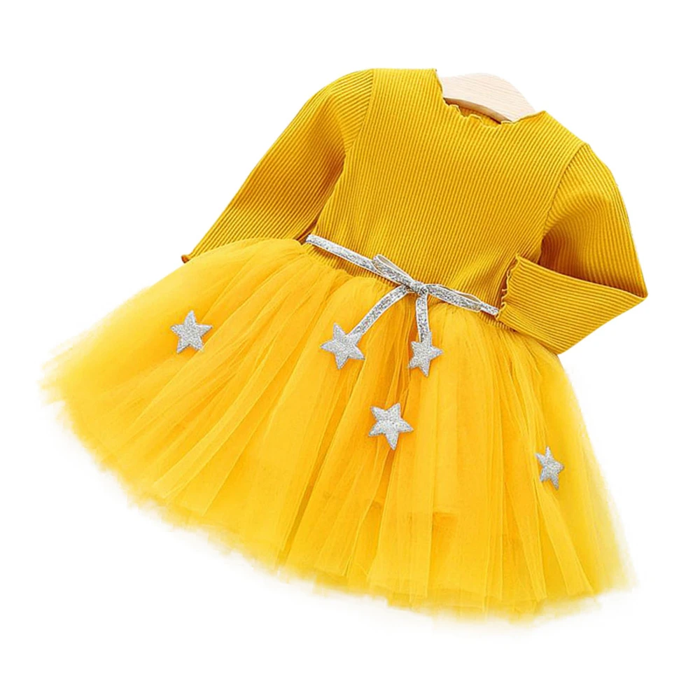 Fashionable Baby Kids Dress Long Sleeve Girl One piece Dress with Waistband (Yellow 100)