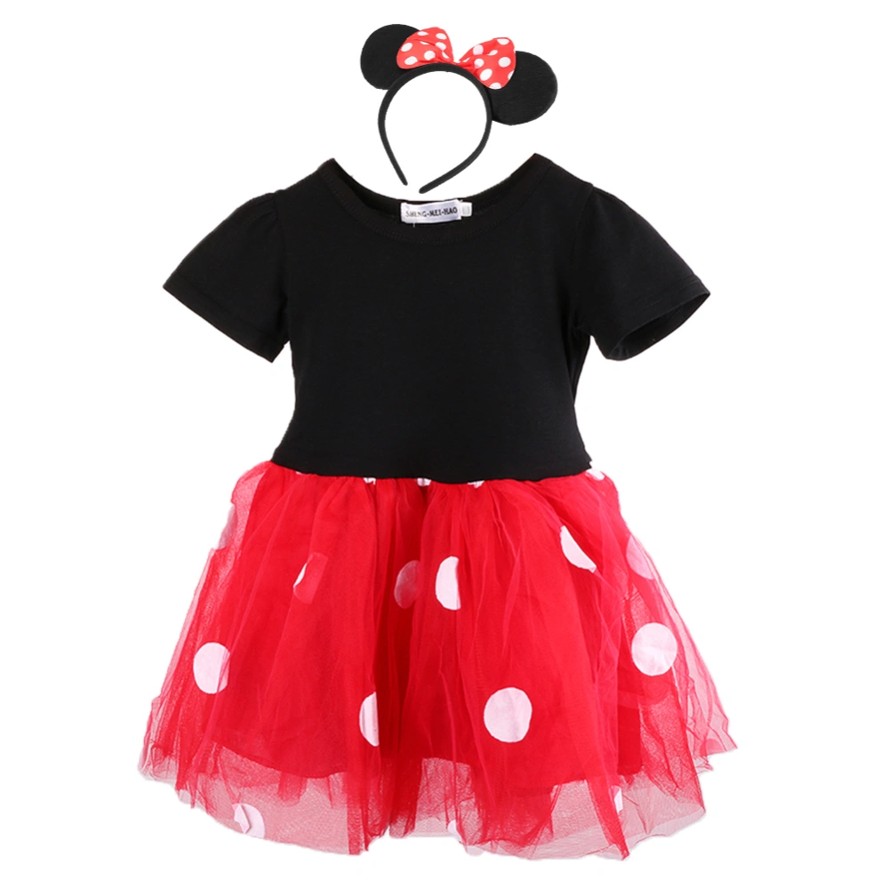 Fashionable Kids Dress Short Sleeve Girl One-piece Dress with Hair Accessory (Red 70)