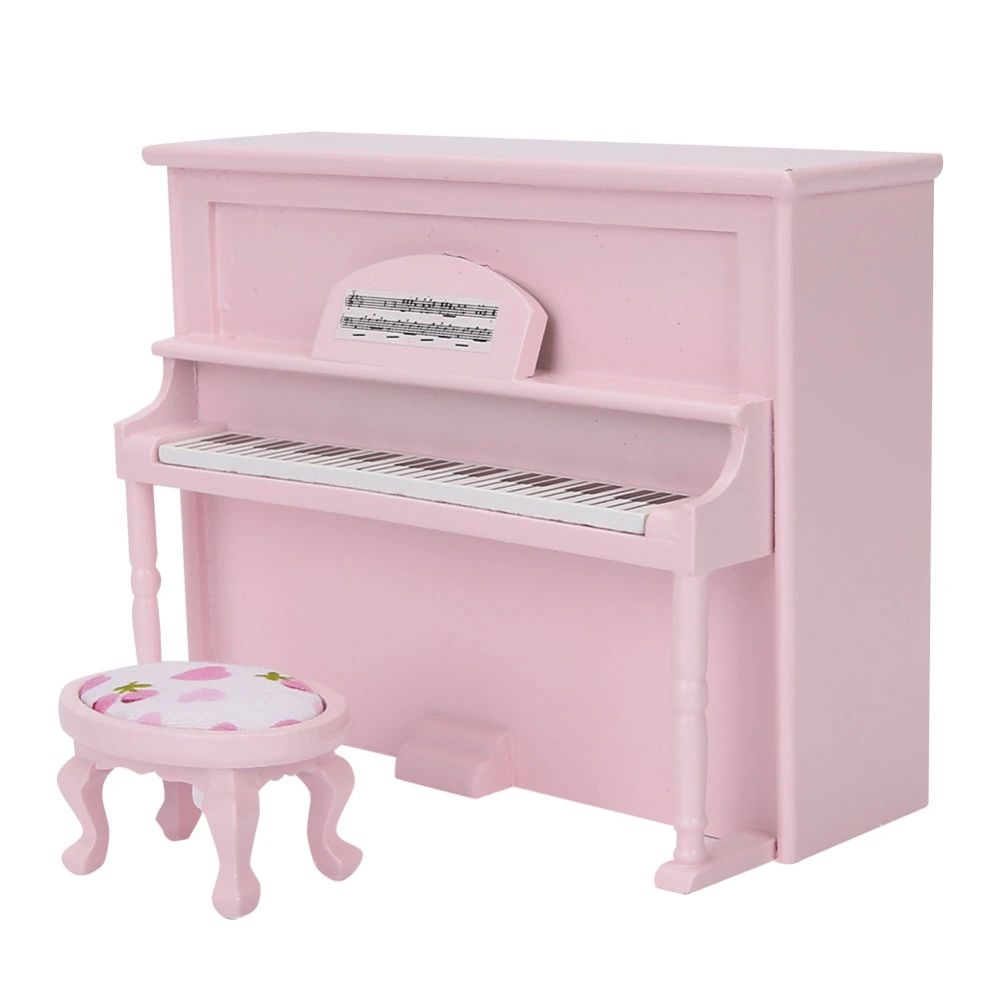 1:12 Doll House Accessories Mini Upright Piano Model Toy with Stool Simulation Furniture Pink