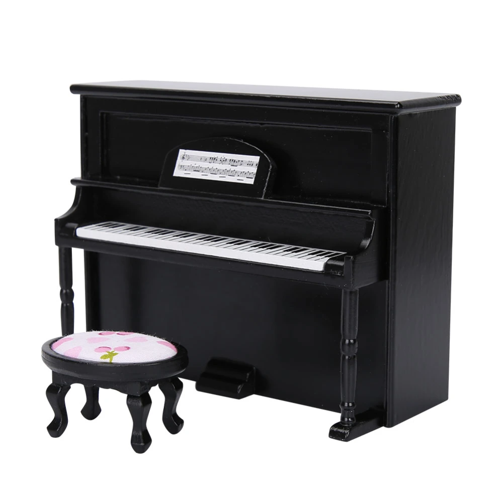 1:12 Doll House Accessories Mini Upright Piano Model Toy with Stool Simulation Furniture Black