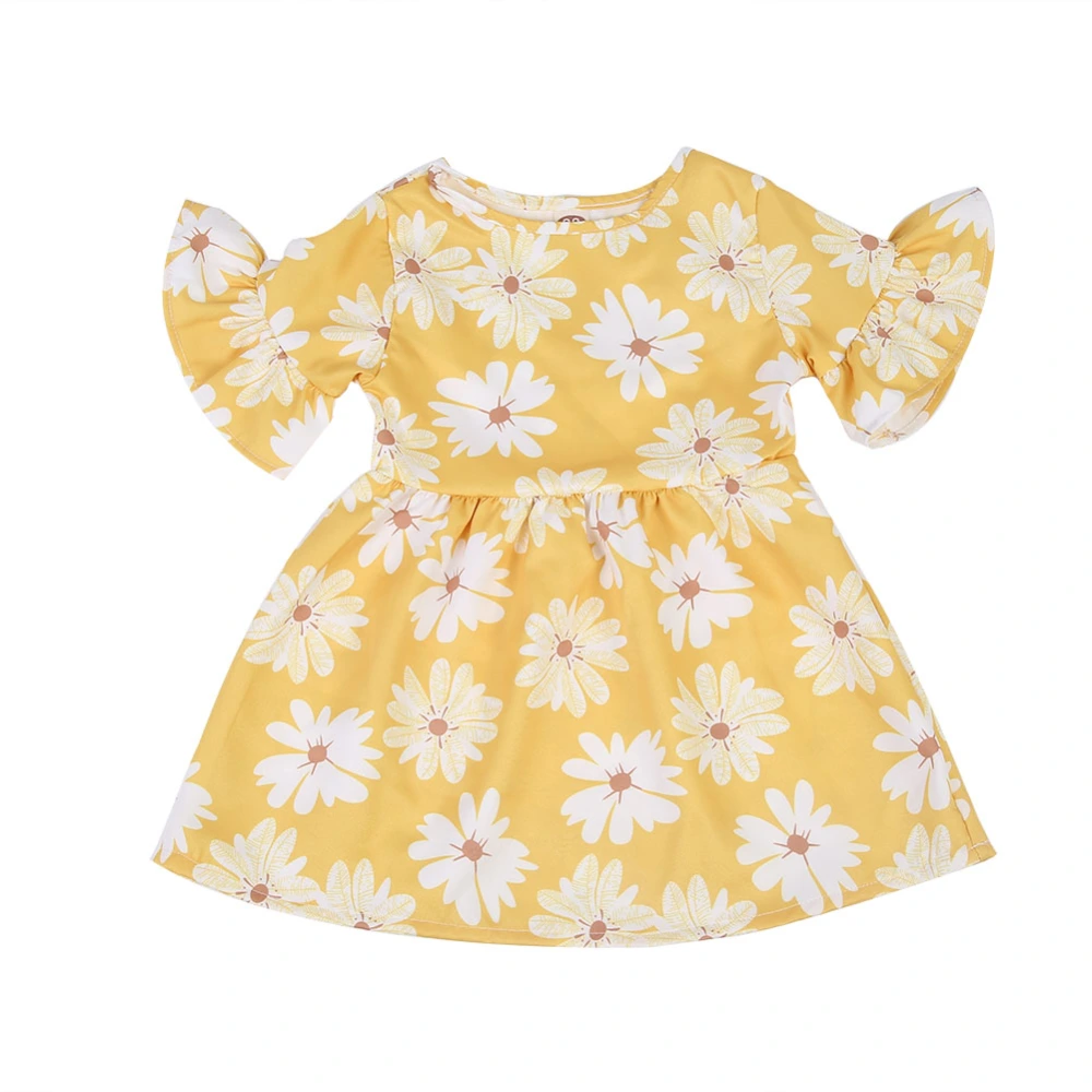 Yellow Comfortable Durable Flower Pattern Baby Kid Dress Spring Summer(120cm)