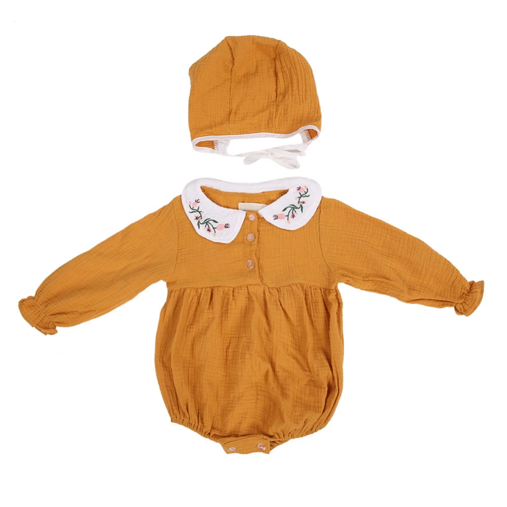 Infant Baby Newborn Girl Embroidery Peter Pan Collar Long Sleeve Jumpsuit with Hat(Yellow 80)