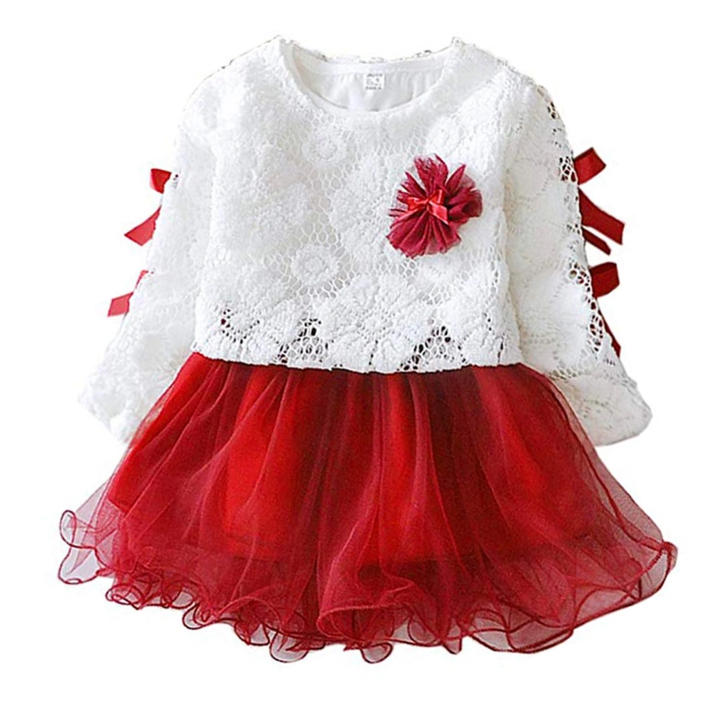 Comfortable Lace Princess Dress Baby Girl Suit Long Sleeve Clothes Dress(Red, 80cm)