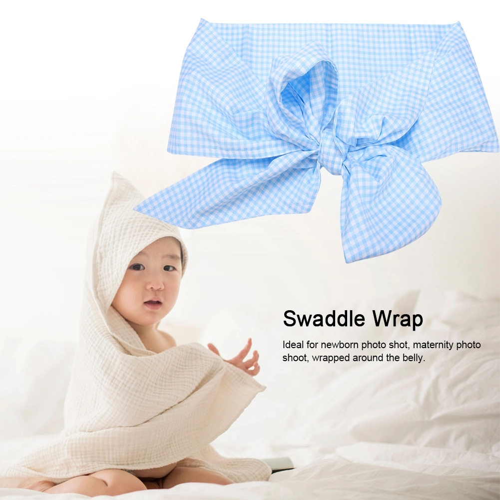 Newborn Swaddle Wrap Infant Cotton Bowknot Sash Blanket for Baby Photo Shot(Light Blue Plaid)