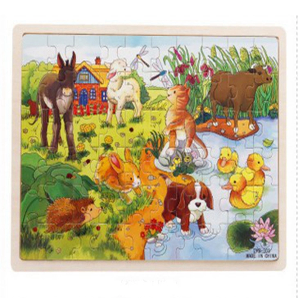 60pcs/ Set Wooden Cartoon Jigsaw Toy Early Educational Toys for Kid Baby Child(Farm with Pond)