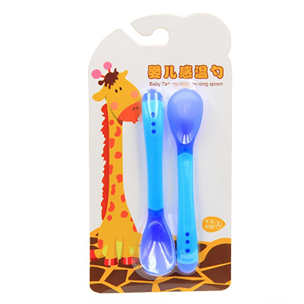 2Pcs/Set Baby Safe Temperature Sensory Silicone Spoon Kids Children Tableware(Blue Set A)