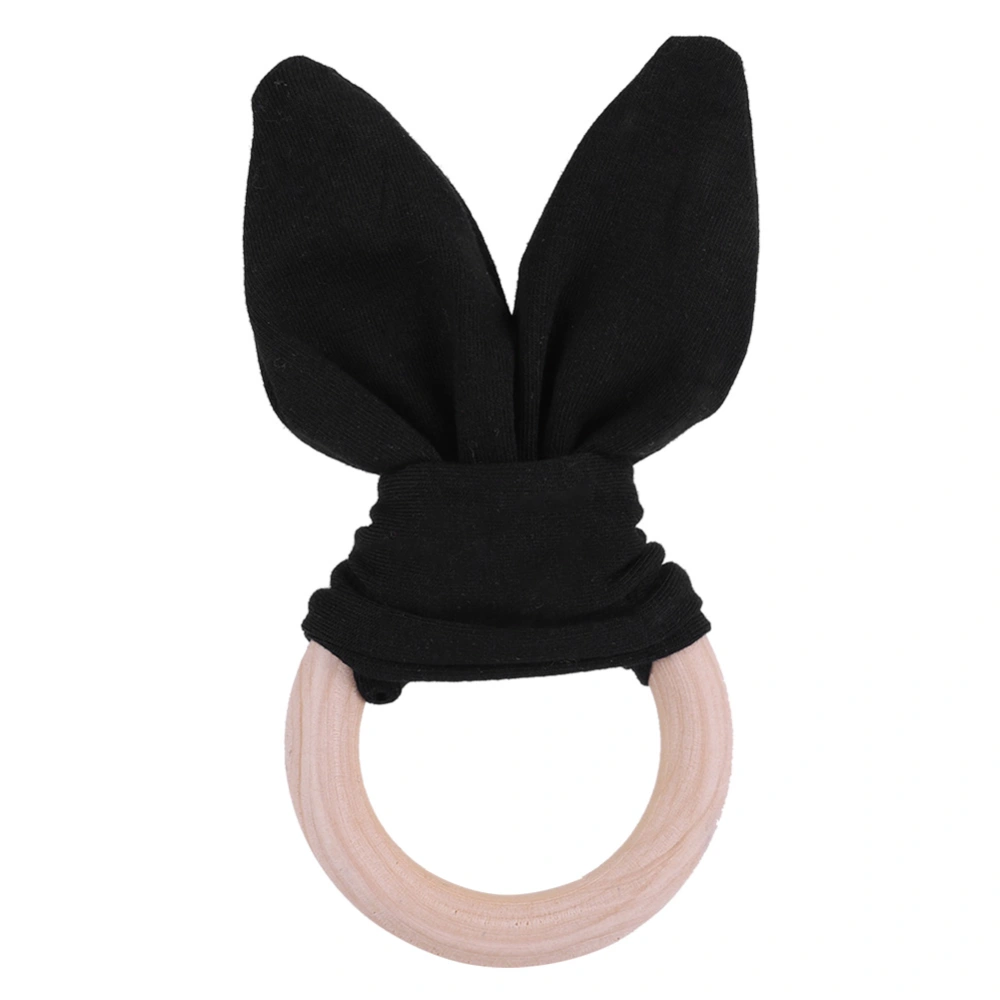 Baby Infant Wooden Teether Adorable Bunny Teething Ring Rabbit Ear Interesting Toy(Black)