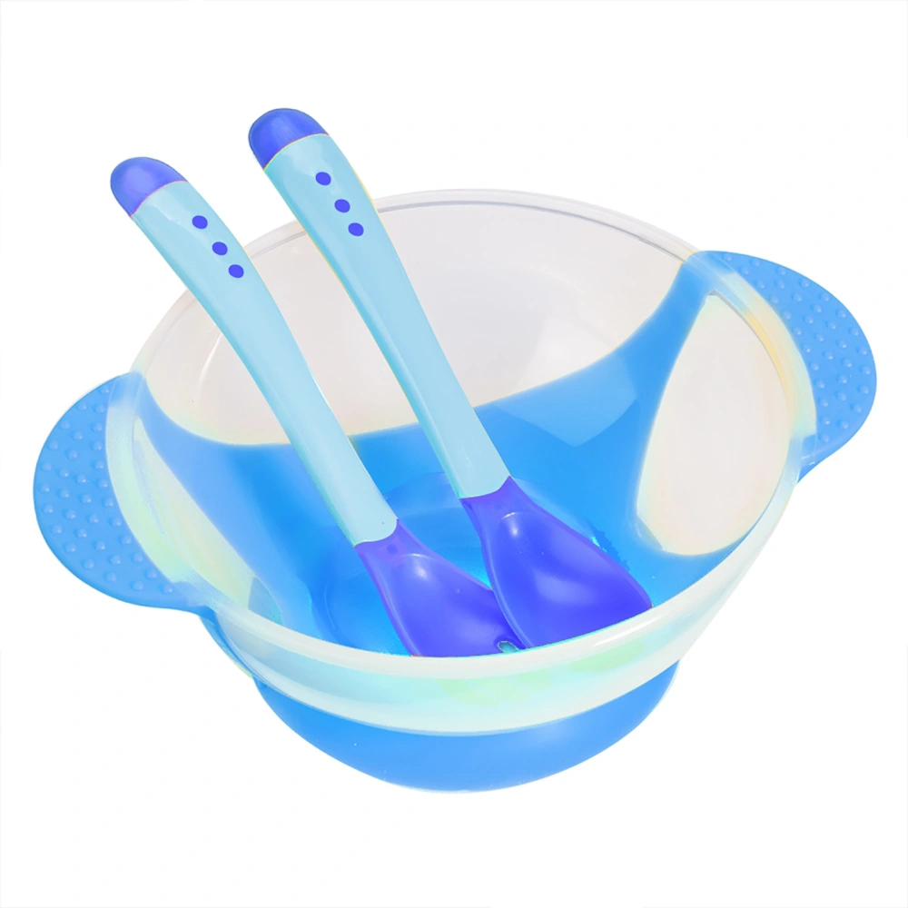 Baby Children Sucker Bowl Slip resistant Tableware Sensing Fork and Spoon Set(Blue)